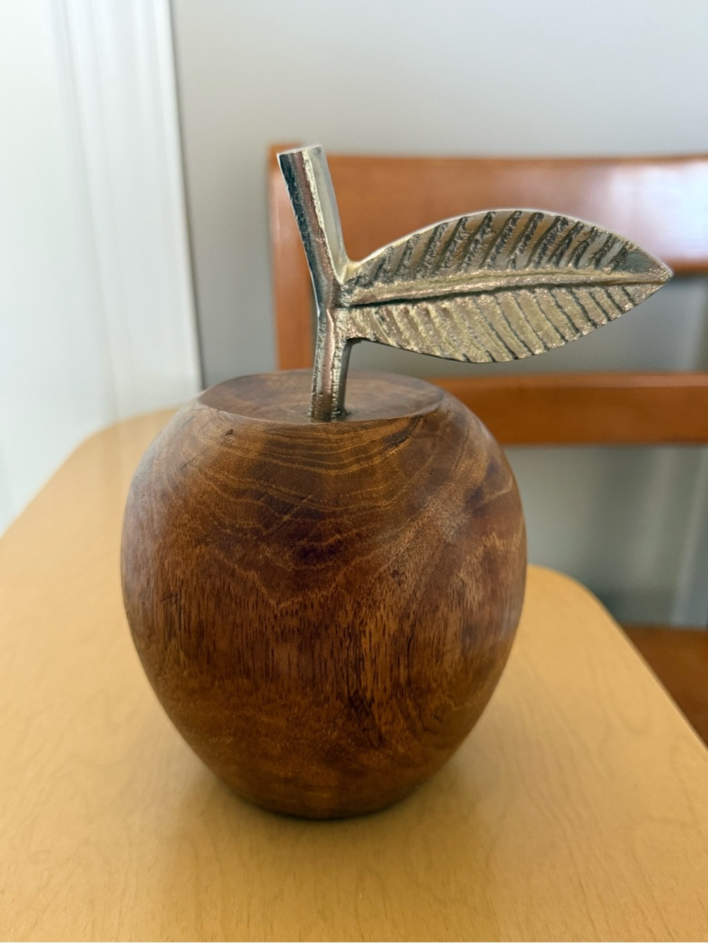 Decorative Mango Wood Apple Sculpture with Silver Leaf Accent